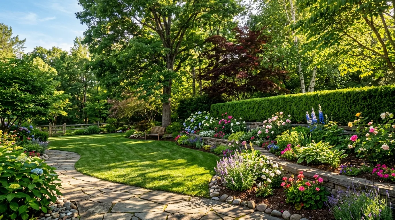 Backyard With Mixed Trees and Tiered Flower Beds